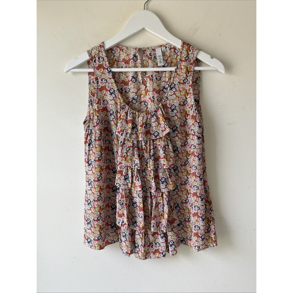 Sine Anthropology Silk Floral Ruffle Sleeveless Top Blouse Size 8 Cottagecore